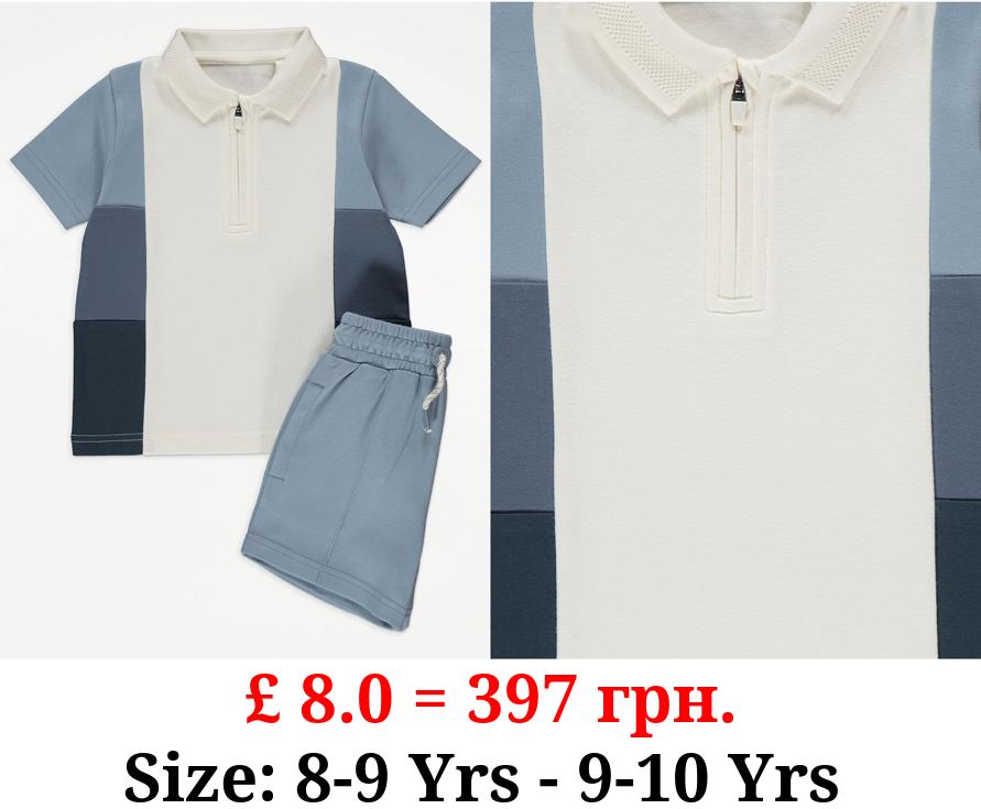 Blue Colour Block Polo Shirt and Shorts Outfit