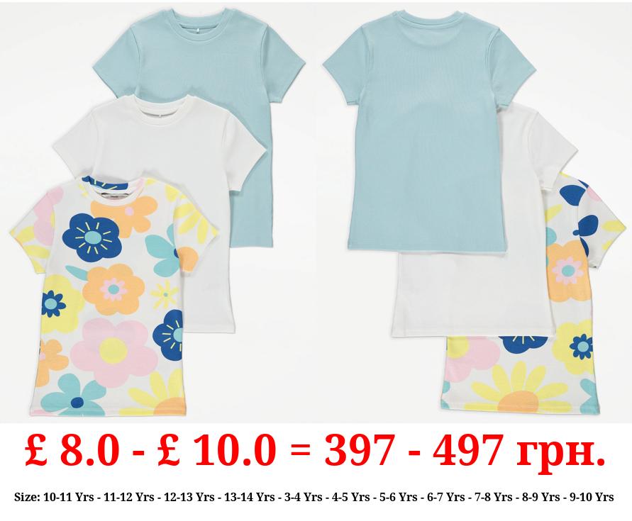 Abstract Floral Ribbed Short Sleeve Tops 3 Pack