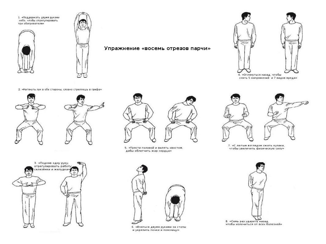 Упражнение восемь. Цигун 8 отрезов парчи комплекс упражнений. 8 Кусков парчи названия упражнений. Комплекс Бадуаньцзинь 8 кусков парчи. Цигун упражнения 8 кусков парчи.