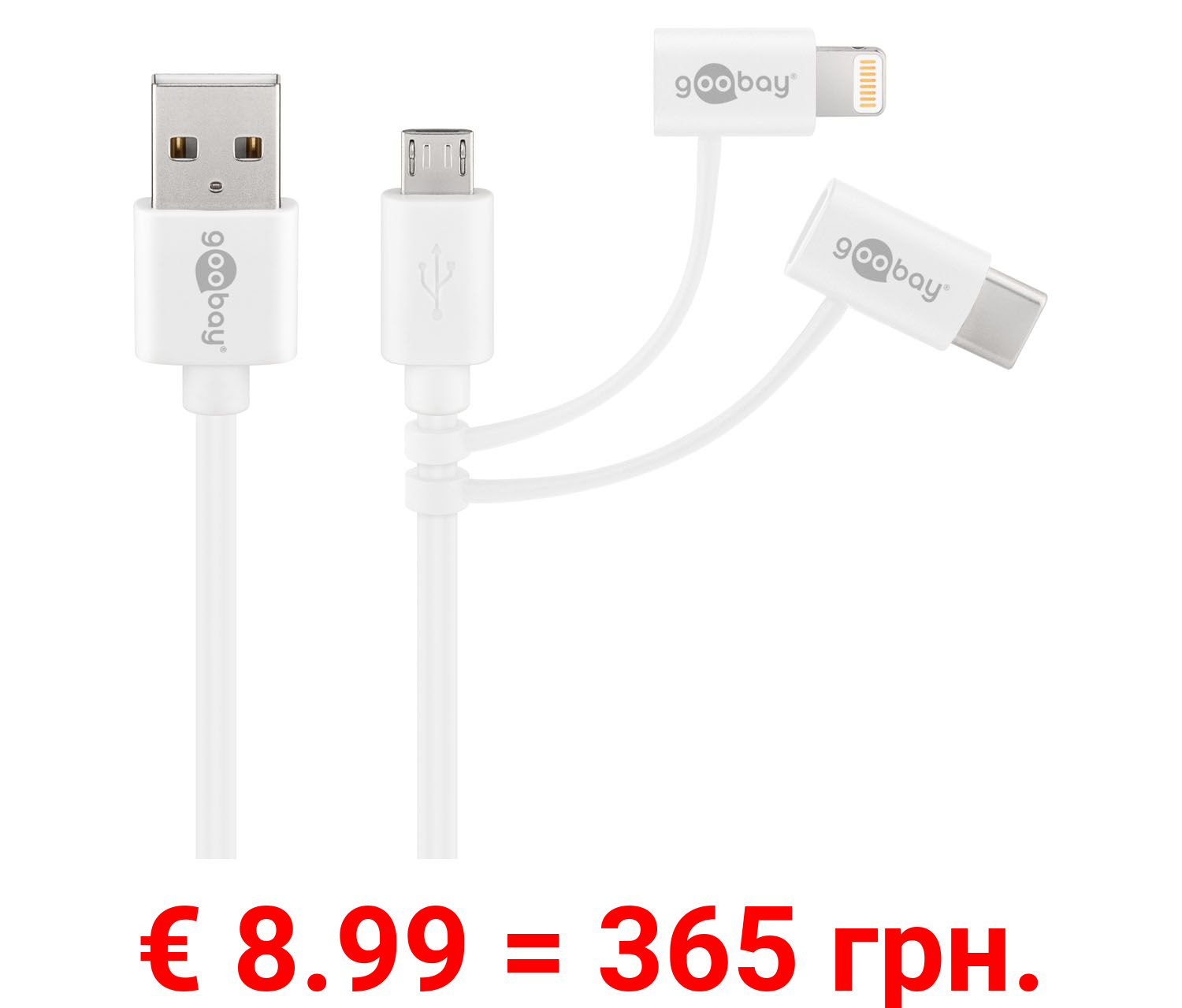 Goobay 3-in-1 Lade-und Synchronisationskabel, USB-A 2.0 auf Micro USB, USB-C™ & Apple Lightning-Anschluss, 1 m, weiß