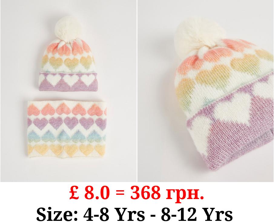 Rainbow Heart Bobble Hat and Snood 2 Piece Set