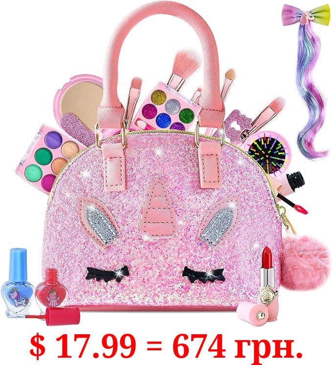 Kids Makeup Kit for Girl - Real Washable Makeup Set with Pink Unicorn Bag, Princess Makeup Kit Toy for Little Girls, Pretend Play Makeup Set for Toddler, Birthday Gifts for Girls Age 3 4 5 6 7 8-12