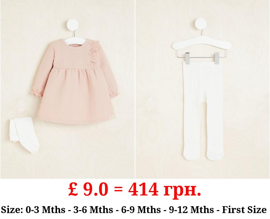 Billie Faiers Pink Textured Jumper Dress and Tights Outfit