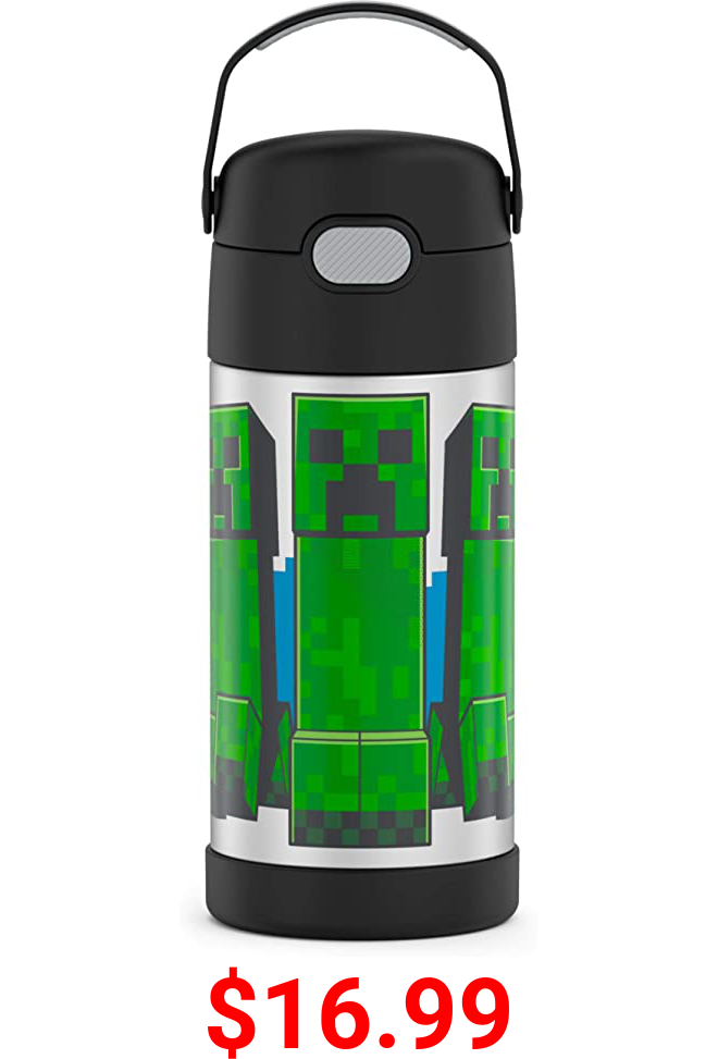THERMOS FUNTAINER 12 Ounce Stainless Steel Vacuum Insulated Kids Straw Bottle, Minecraft