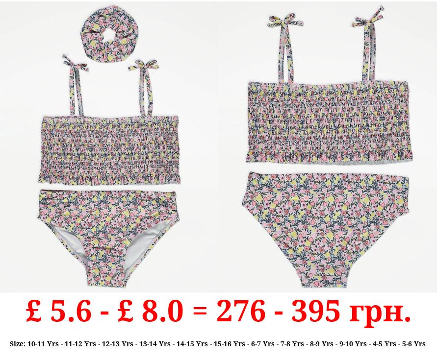 Floral Shirred Bikini and Scrunchie Outfit