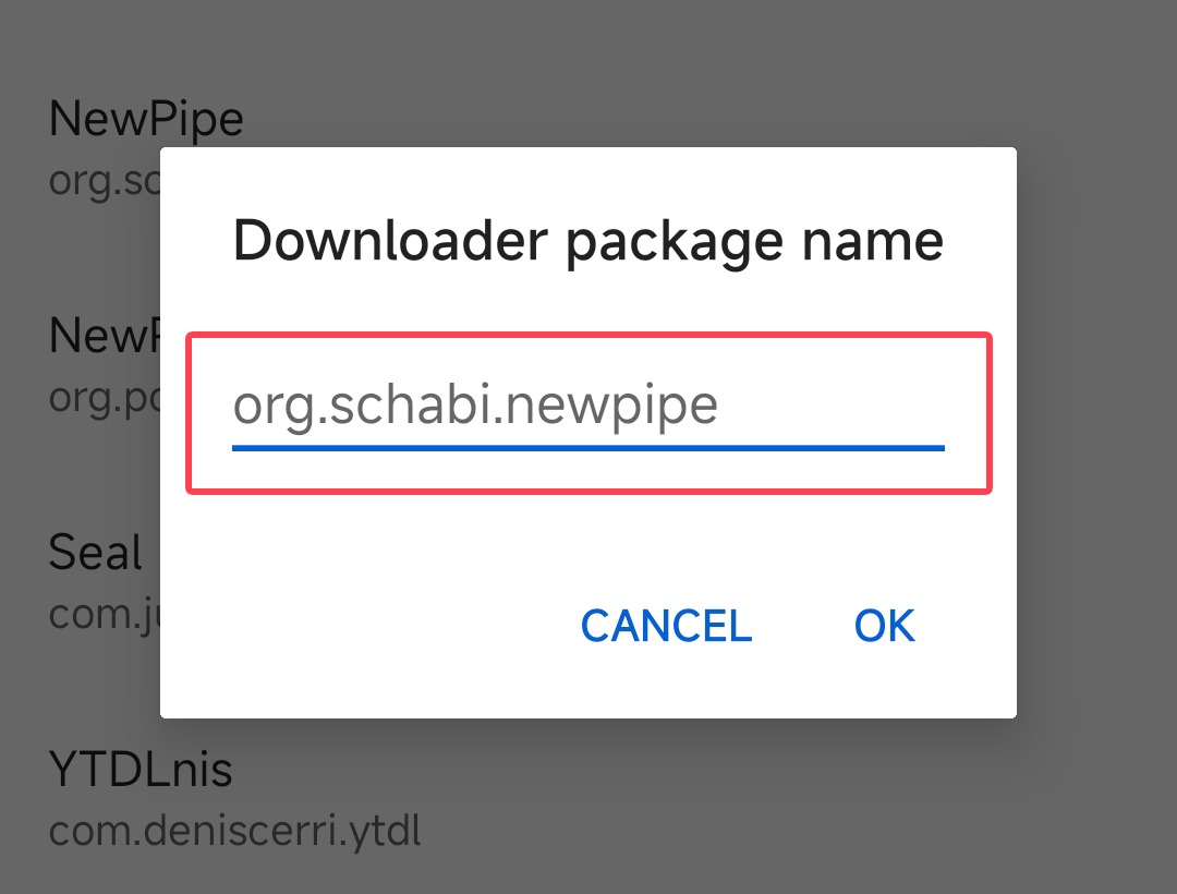 The package org.schabi.newpipe belongs to NewPipe. If you prefer a different downloader, please paste its corresponding package here.