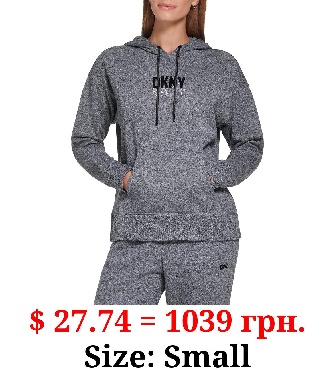 DKNY Women's Ivory Cotton Blend Ribbed Pocketed Attached Hood Drawstring Long Sleeve Hoodie Sweater