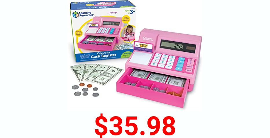 Learning Resources Pretend & Play Calculator Cash Register, Pretend Play Cash Register, Develops Early Math Skills, 73 Pieces, Ages 3+, Pink