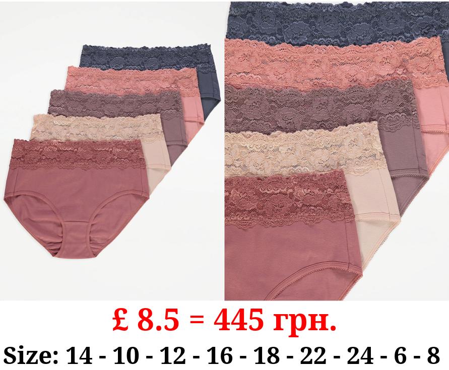 Lace Trim Midi Brief Knickers 5 Pack