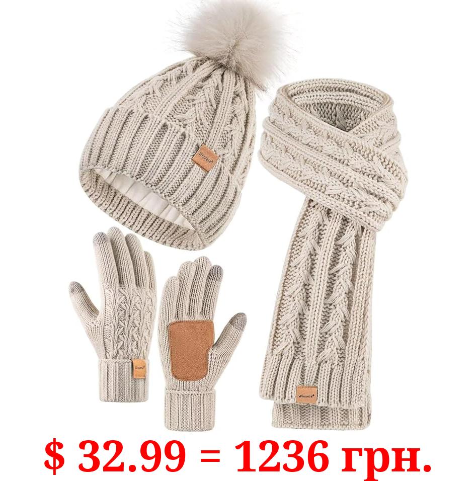 Womens Beanie Hat Scarf Gloves Set, Fleece Lined Winter Hat with Pom Pom, Long Knit Scarf Touchscreen Gloves for Cold Weather