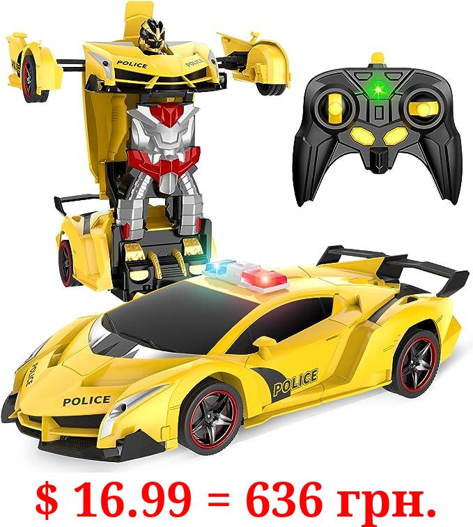 Febyhim Remote Control Car, 2.4Ghz Transform RC Cars, 1:18 Scale Police Car Toy with Flashing Light, One Button Transformation,360 Degree Rotating Drifting Toys for Boys Age 4-7