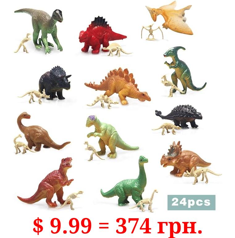 Kindersee 24pcs Mini Dinosaur Figures & Skeletons, Assorted Cupcake Toppers, Easter Egg Fillers, Gift for Girls & Boys Ages 3+