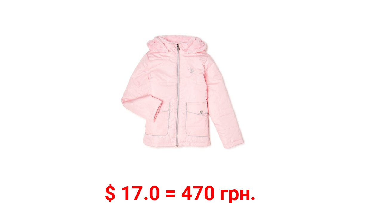 U.S. Polo Assn. Girls’ Hooded Puffer Jacket with Metallic Trim and Faux Fur Lining, Sizes 4-16