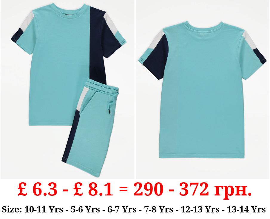 Turquoise Colour Block T-Shirt and Shorts Outfit