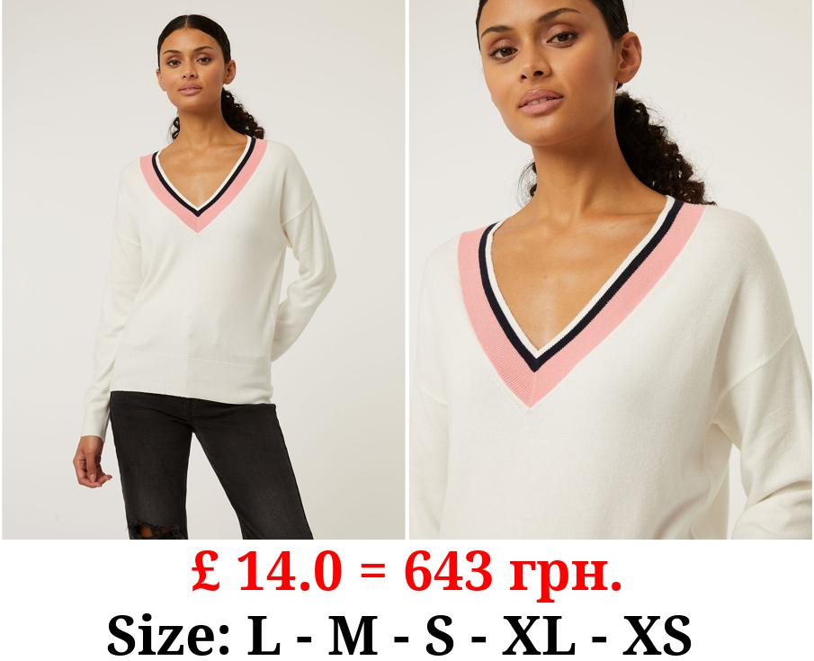 Cream V-Neck Trim Knitted Jumper