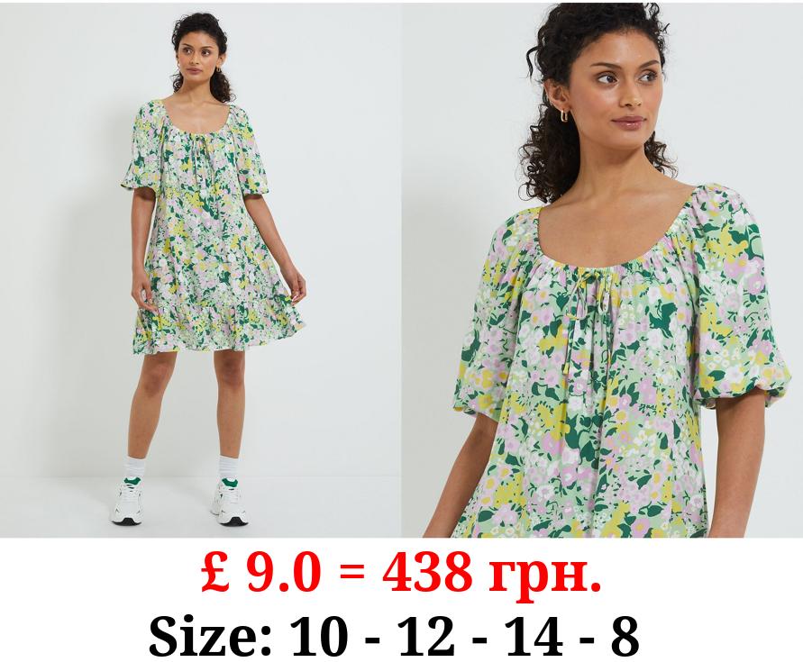 Green Ditsy Floral Shirred Neck Mini Dress