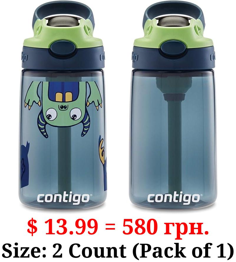 Contigo Aubrey Kids Cleanable Water Bottle with Silicone Straw and Spill-Proof Lid, Blueberry & Monsters, 14 Ounce, 2-Pack