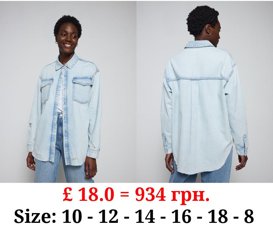 Light Wash Distressed Lightweight Denim Shirt