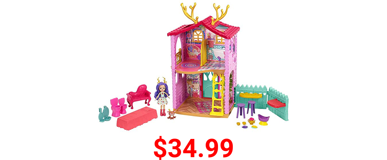 Enchantimals Cozy Deer House Playset (21-in) with Danessa Deer Doll & Animal Figure, 4 Play Areas & 15+ Pieces, Great Gift for Kids Ages 3-8