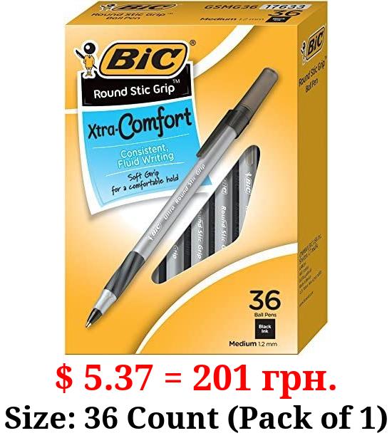 BIC Round Stic Grip Xtra Comfort Black Ballpoint Pens, Medium Point (1.2mm), 36-Count Pack, Perfect Writing Pens With Soft Grip for Superb Comfort and Control