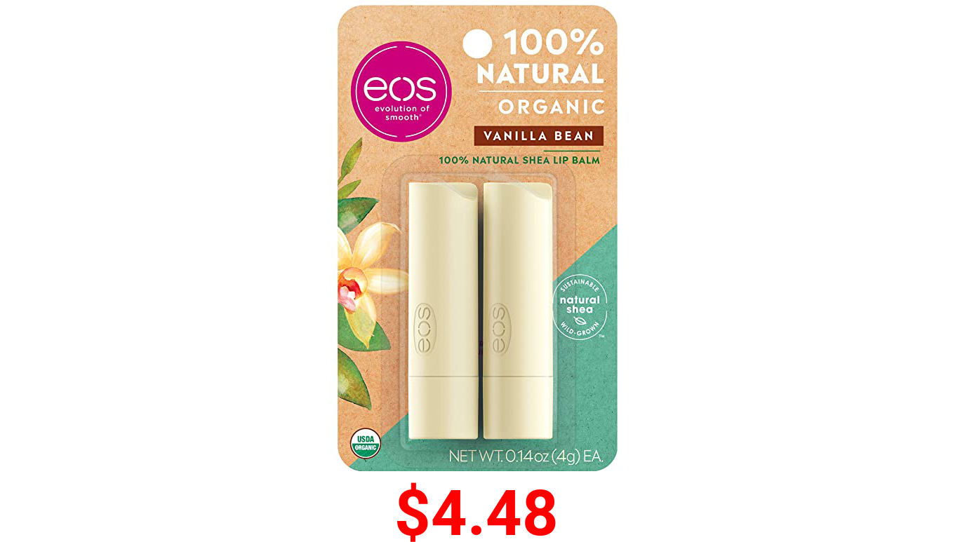 eos USDA Organic Lip Balm - Vanilla Bean | Lip Care to Moisturize Dry Lips | 100% Natural and Gluten Free | Long Lasting Hydration | 0.14 oz | 2 Pack