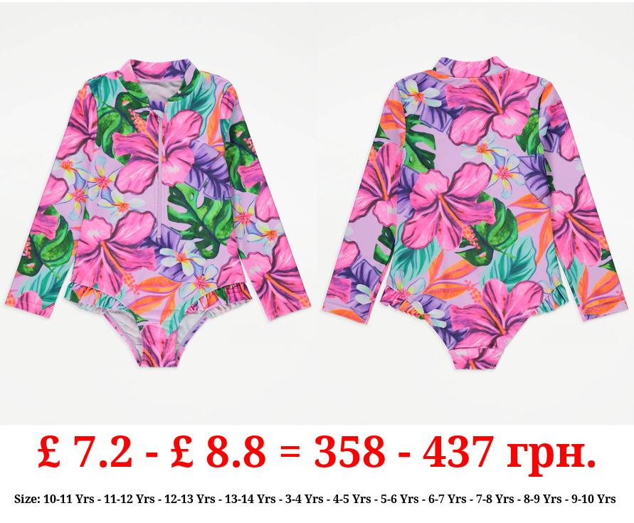 Bright Floral Long Sleeve Zip Front Swimsuit