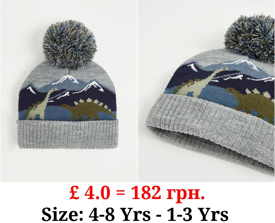 Grey Dinosaur Knitted Beanie Hat
