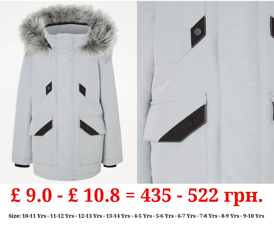 Grey Faux Fur Trim Parka Coat