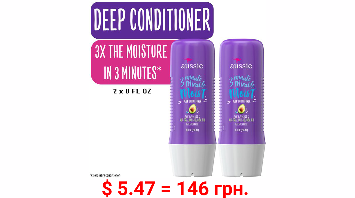 Aussie 3 Minute Miracle Moist Conditioner, Paraben Free, Twin Pk, 8.0 fl oz