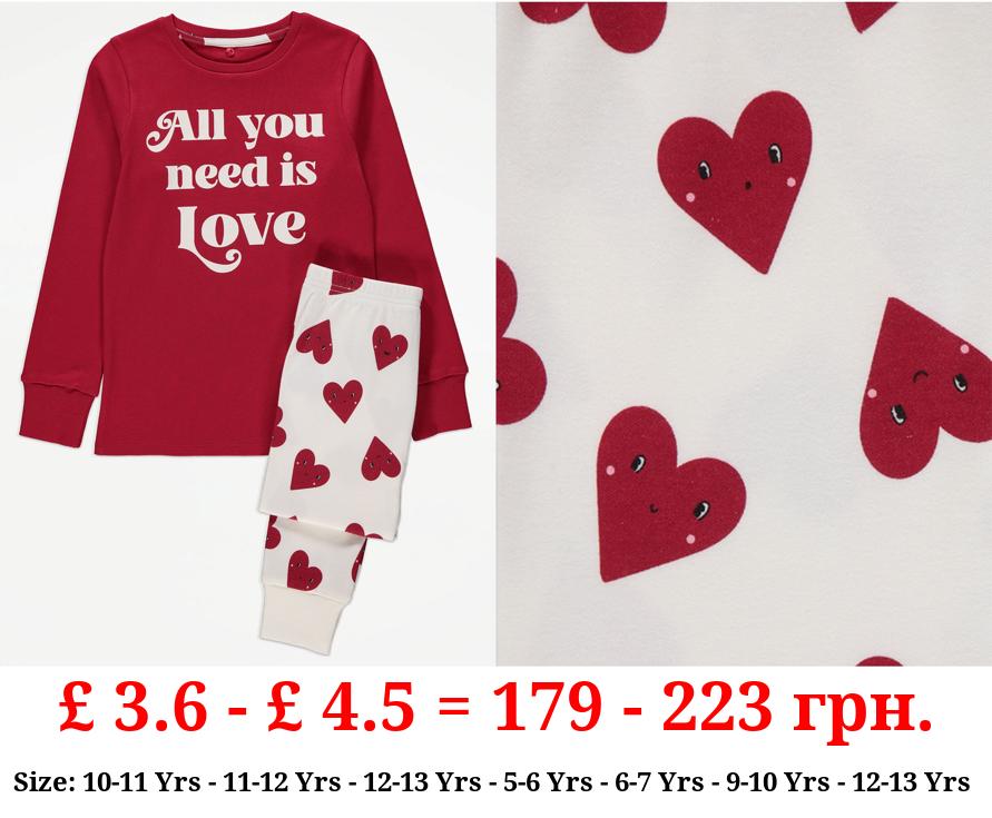 Red All You Need is Love Matching Kids Valentines Pyjamas