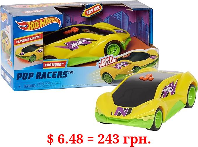 Hot Wheels Pop Racers Car Exotique Toy Vehicle, 7-Inch Yellow Motorized Toy Car with Lights and Realistic Racing Sounds, Pops Wheelies, Kids Toys for Ages 3 Up by Just Play