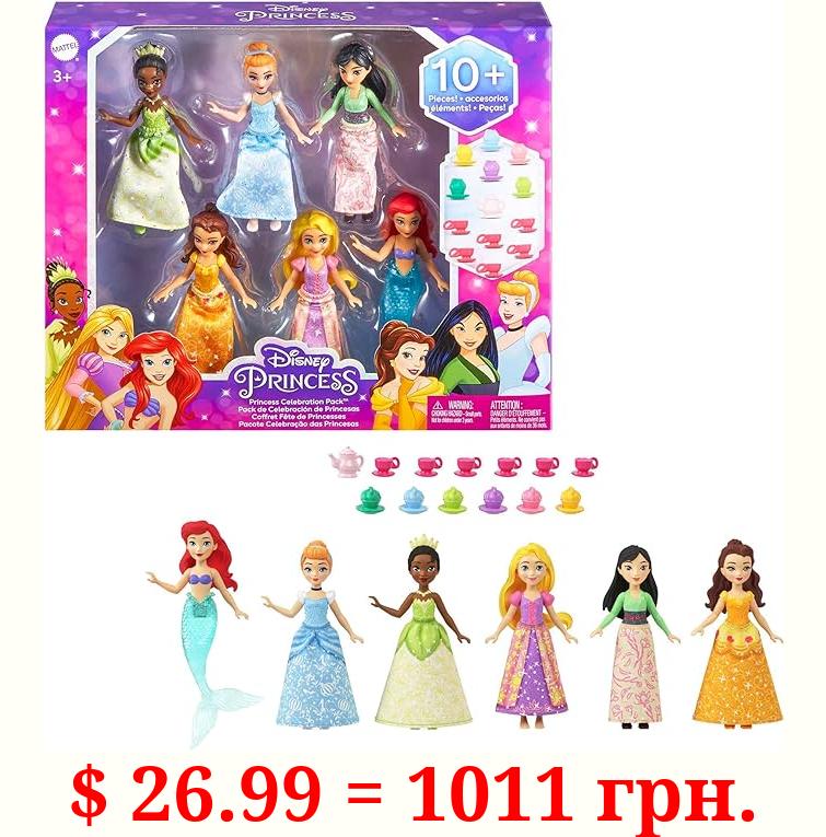 Mattel Disney Princess Toys, 6 Posable Small Dolls with Sparkling Clothing and 13 Tea Party Accessories Inspired by Mattel Disney Movies