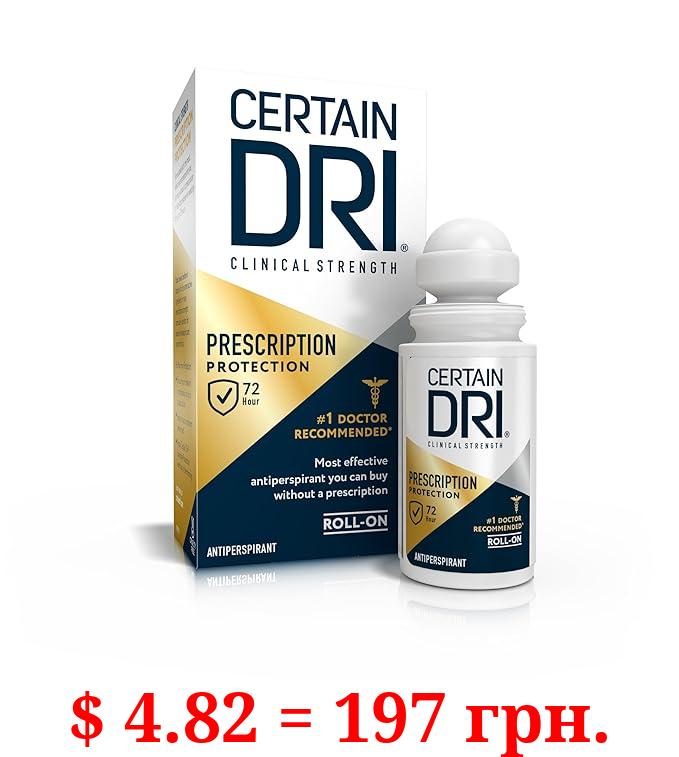 Certain Dri Prescription Strength Clinical Antiperspirant Roll-On Deodorant, Hyperhidrosis Treatment for Men & Women, Unscented, 1.2 Fl oz, 1 Pack