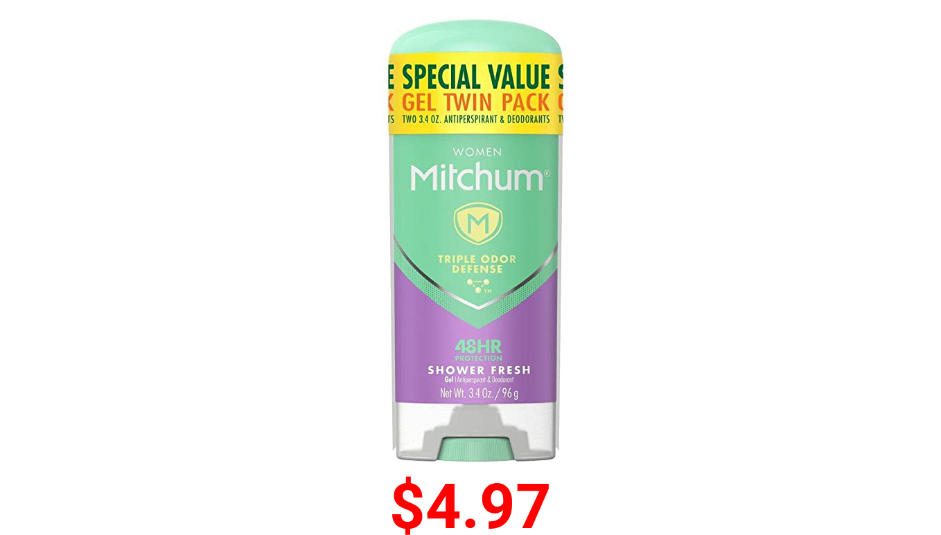 Mitchum Antiperspirant Deodorant Stick for Women, Triple Odor Defense Gel, 48 Hr Protection, Shower Fresh, 3.4 oz (pack of 2)