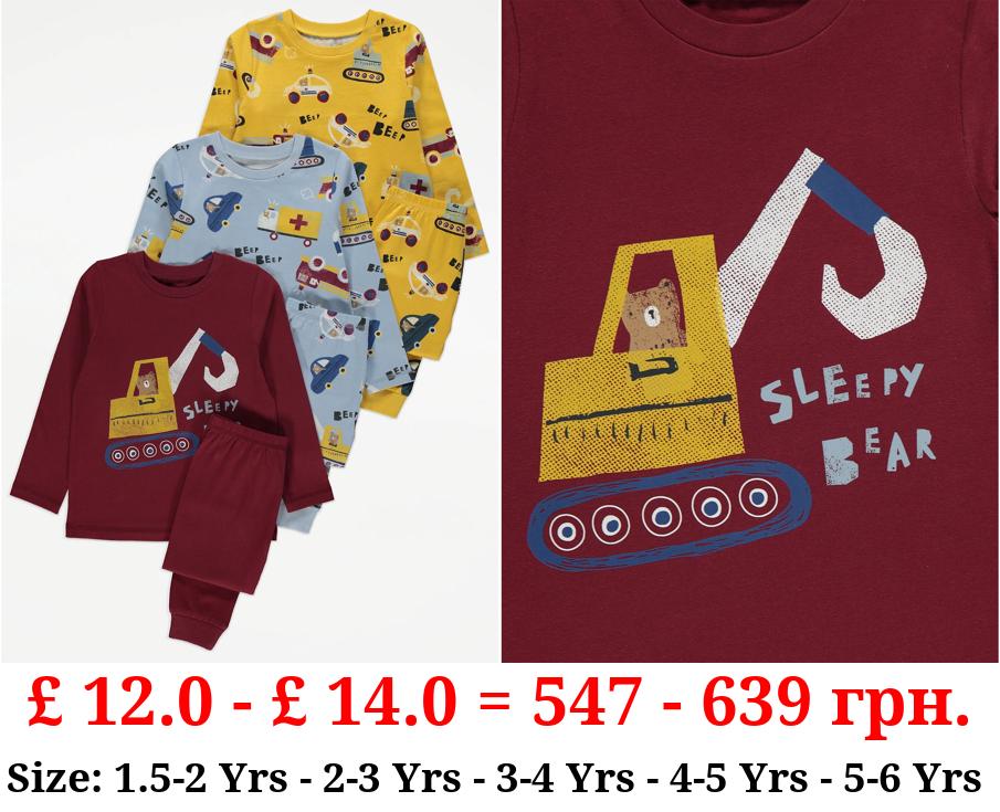 Vehicle Bear Long Sleeve Pyjamas 3 Pack