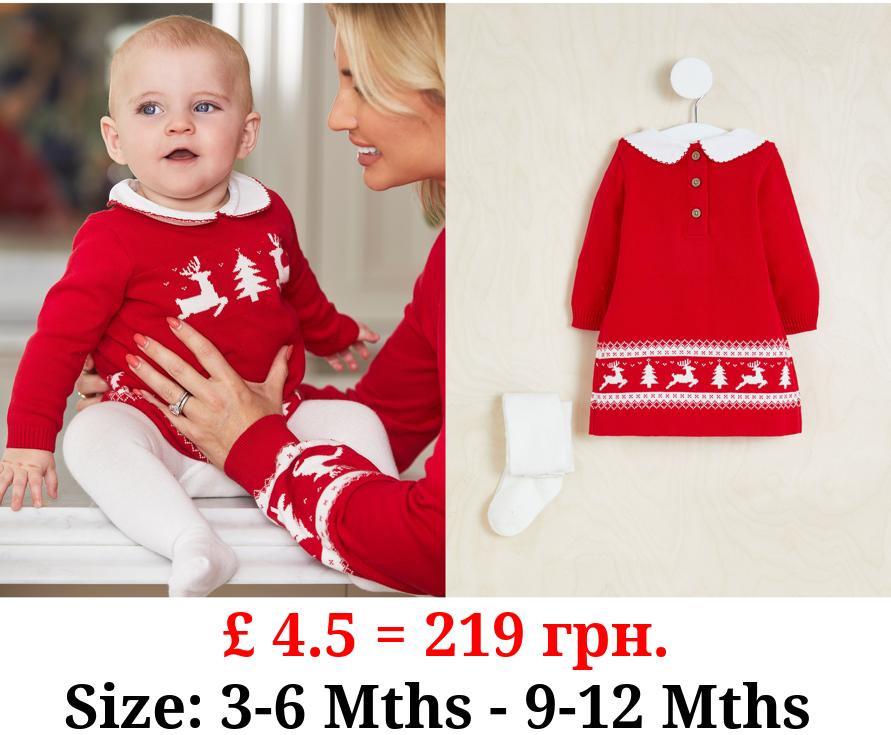 Billie Faiers Red Fairisle Knitted Dress and Tights Outfit