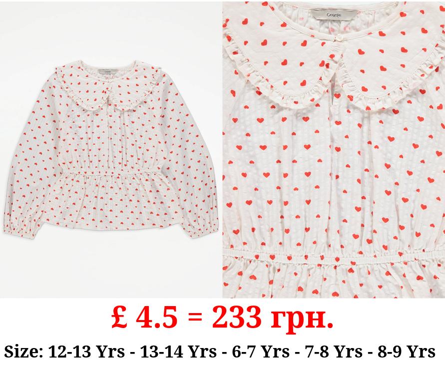 White Heart Print Collared Blouse