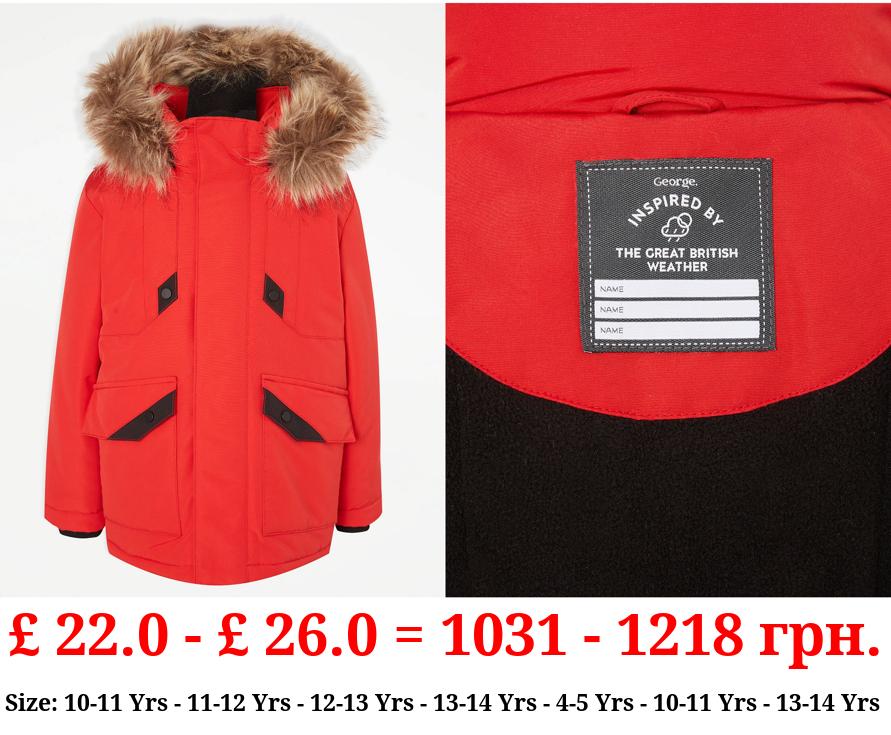 Red Faux Fur Trim Parka Coat