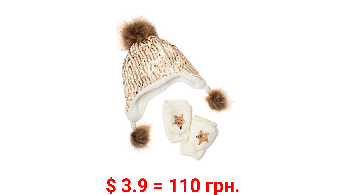 LOLA Girls Sequin Pom Peruvian Hat and Flip Top Gloves, 2-Piece Set