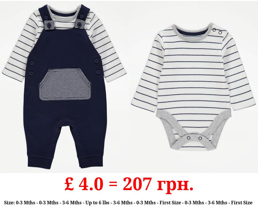 Navy Dungarees and Striped Bodysuit Outfit