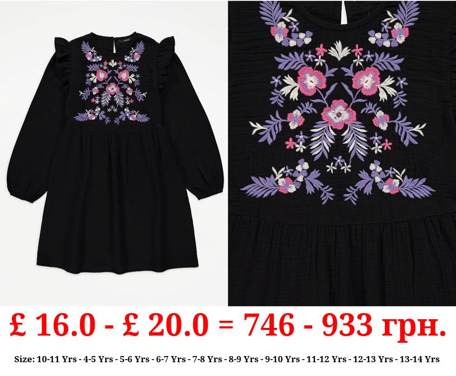 Black Embroidered Cheesecloth Dress