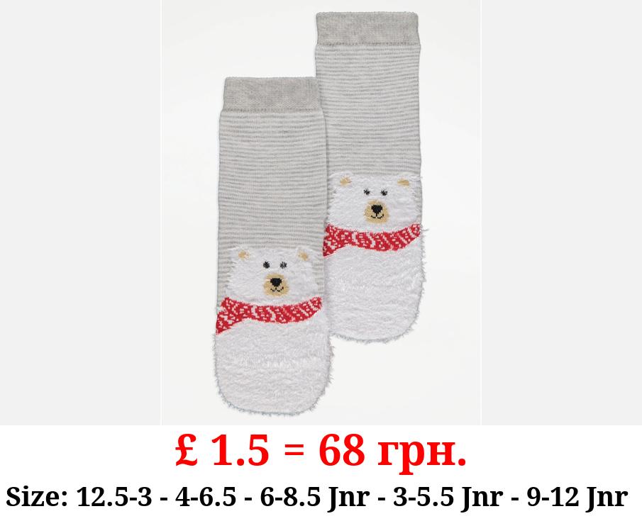 Grey Fuzzy Polar Bear Socks