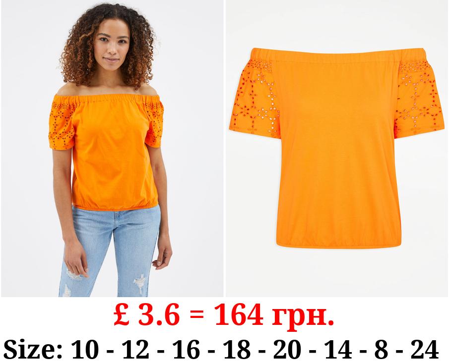 Bright Orange Broderie Sleeve Off Shoulder Top