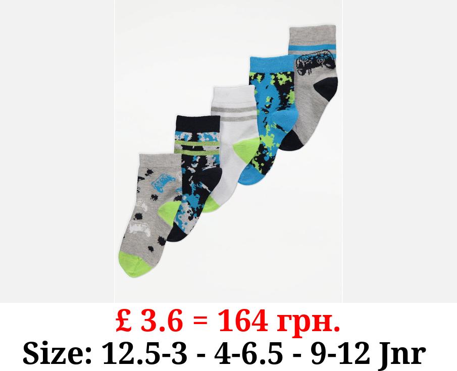 Grey Gamer Print Cotton Rich Ankle Socks 5 Pack