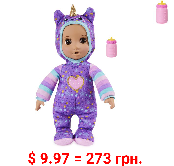Luvzies by Luvabella, Unicorn Onesie 11-inch Cuddly Baby Doll with Bottle Accessory, for Kids Aged 4 and up