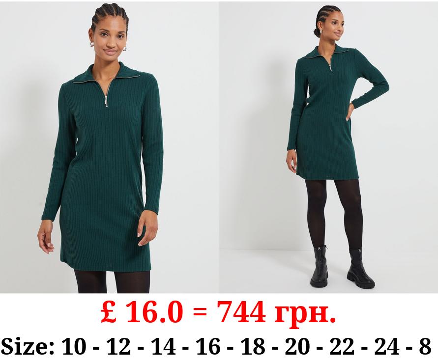 Dark Green Ribbed Zip Neck Mini Dress