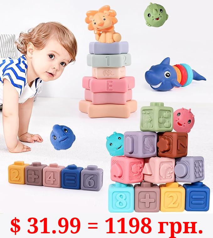 DOUNIWAN 4-in-1 Baby Toys Stacking Building Blocks Soft Infant Sensory Teething Toys 1-3-6-9-12 Months Montessori Toys for Toddlers 1-3 Gifts for Newborn Educational Preschool Learning Toys
