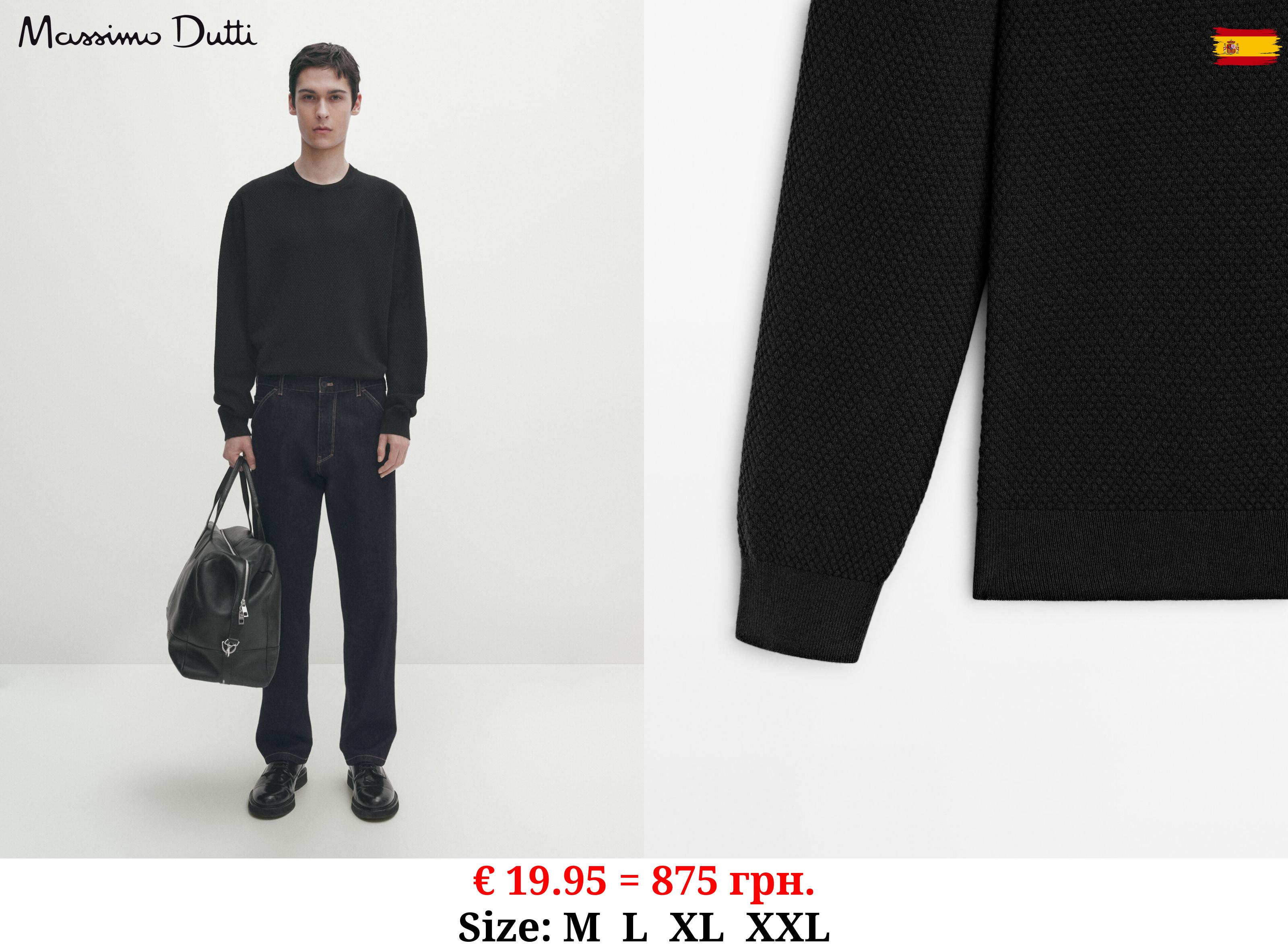 Textured knit crew neck sweater BLACK