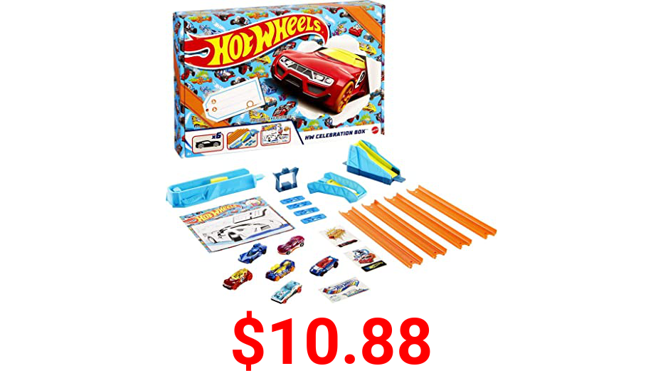 Hot Wheels HW Celebration Box Complete Starter Set with 6 1:64 Scale Cars, Track, Connectors, 4-Speed Launcher, Ramps, Activity Page & Stickers, Gift for Kids 4 Years Old & Up