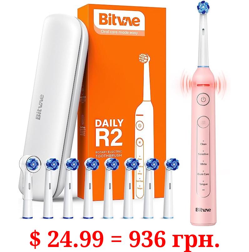 Bitvae R2 Rotating Electric Toothbrush for Adults with 8 Brush Heads, 5 Modes Rechargeable Power Toothbrush with Pressure Sensor, Pink
